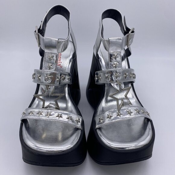 Demonia Dynamite Platform Wedge Sz 7 Silver Star Cutout Rave EDM Festival Gothic - Picture 5 of 15